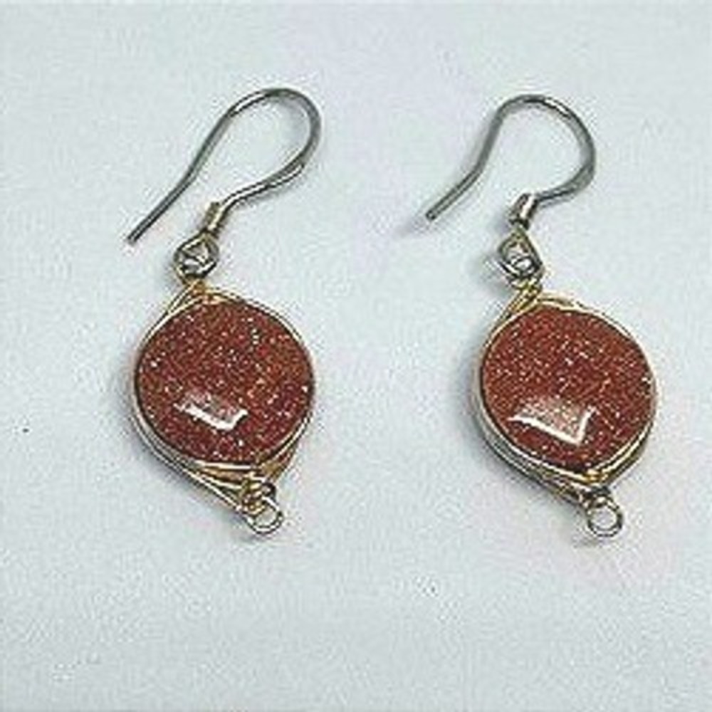 Goldstone Cabochon Earrings Gold Tone Wire Wrapped Witchy Gypsy Hippie Boho Gift - Picture 2 of 4
